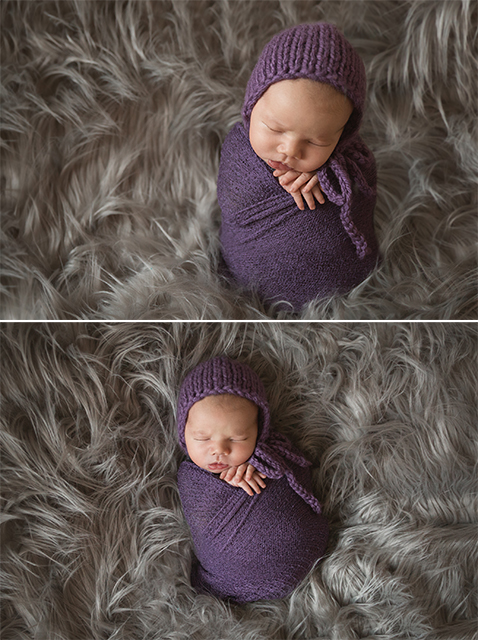 red deer baby photographer, purple baby, newborn photos, potato sack pose