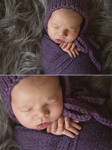 red deer baby photographer, purple baby, newborn photos, potato sack pose